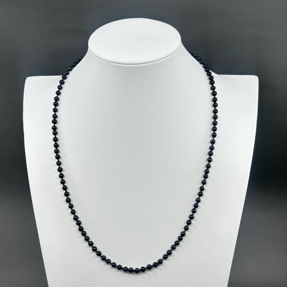 Black Round Bead Strand Necklace Knotted Gold Tone Barrel Clasp Gothic Vintage